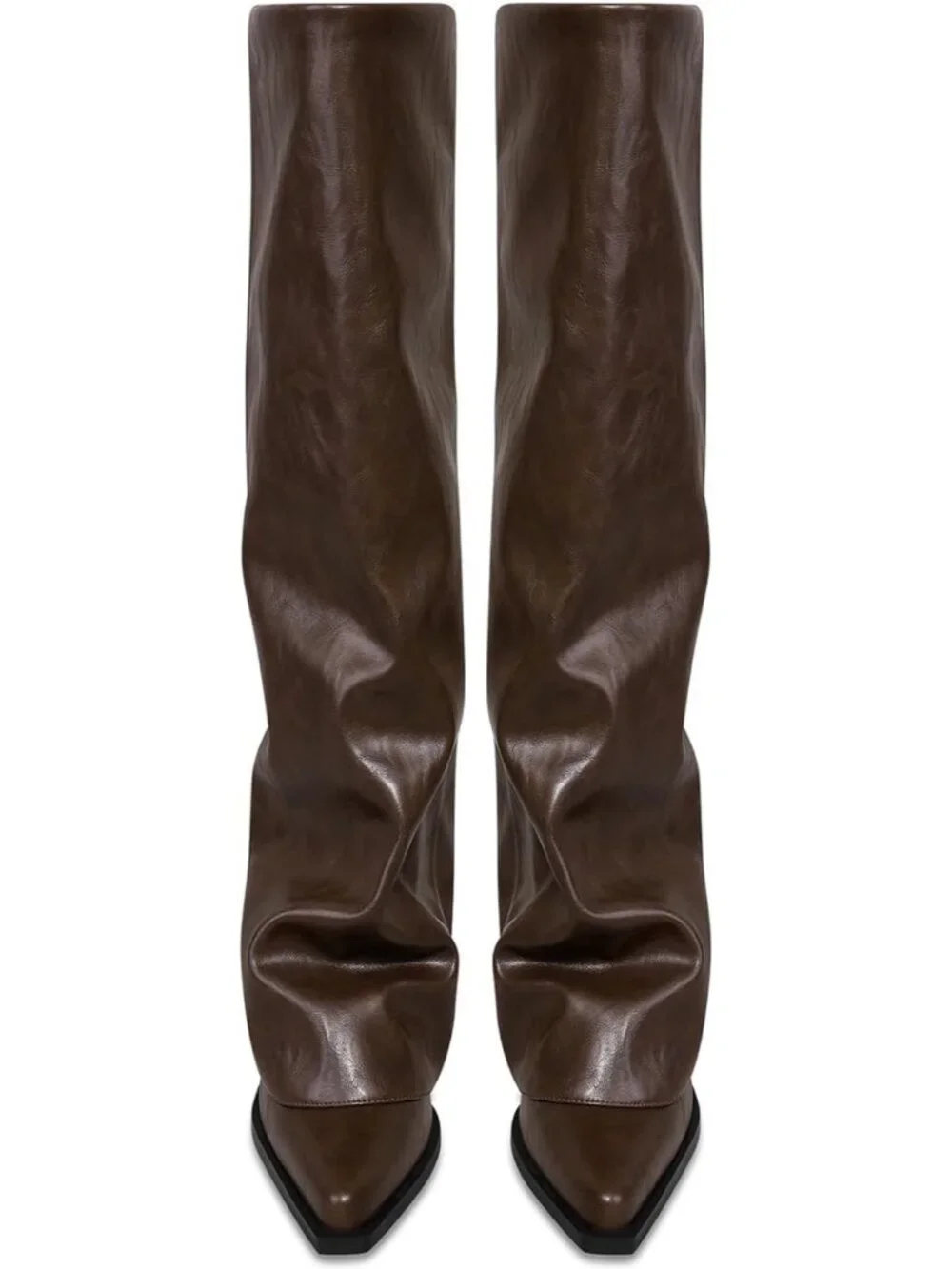 Women's Brown Chunky Heel Pointed Toe Fold Over Wide Calf Knee High Boots